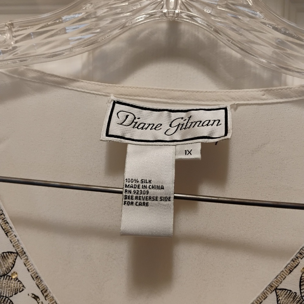 NWT Diane Gilman 100% Silk Oriental Tunic Blouse Gold Metallic Details Size 1X - Picture 2 of 8